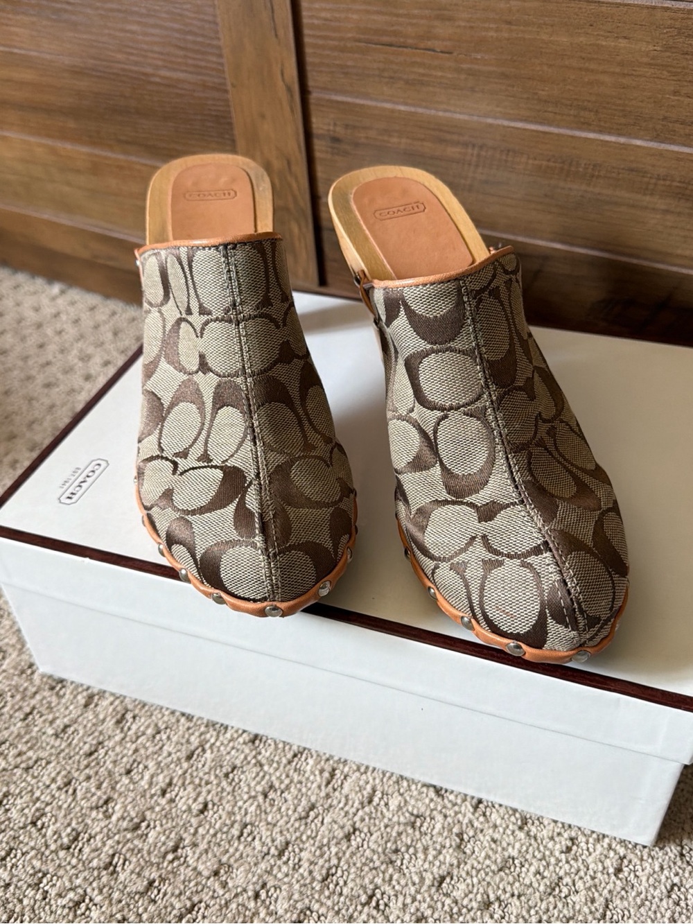 Coach Beige & Brown Signature Jacquard Clog Mules - Picture 2 of 7